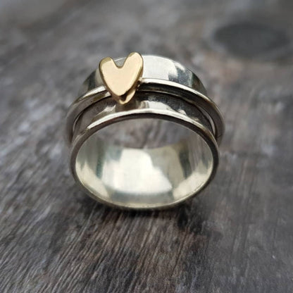 Lena™ | Women’s Vintage Silver Ring with Gold Heart
